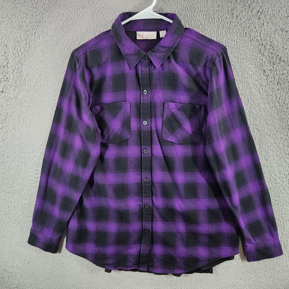 Belle by Kim Gravel Purple Black Plaid Flannel Chiffon Peplum Shirt Medium